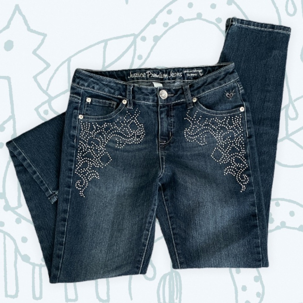 💖Justice // Rhinestones Embellished Mini Mom Jeans Dark Wash Girls Sz 14R
